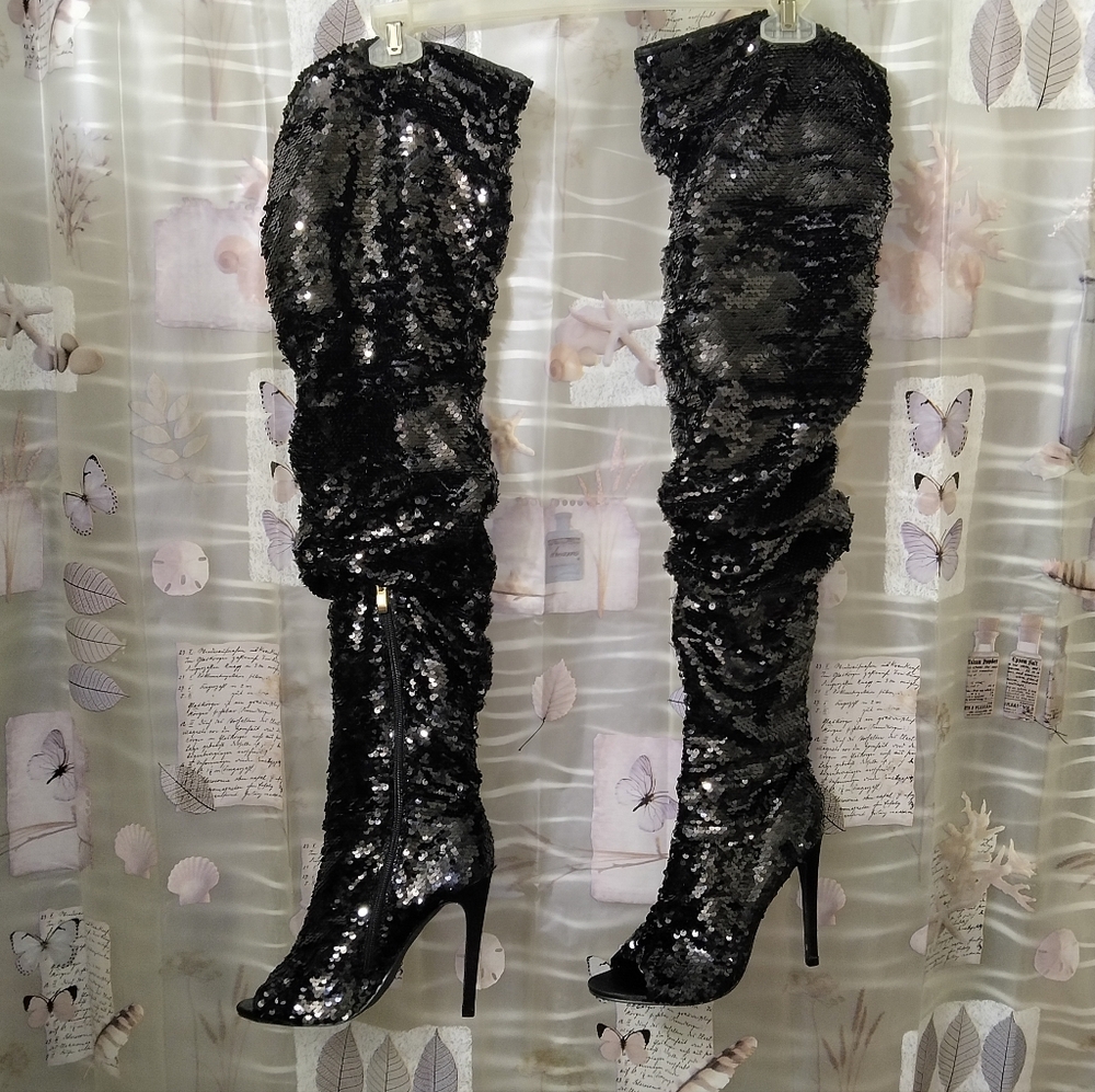 CAMSSOO Thigh High Sequins Over The Knee Open Toe Stiletto Boots